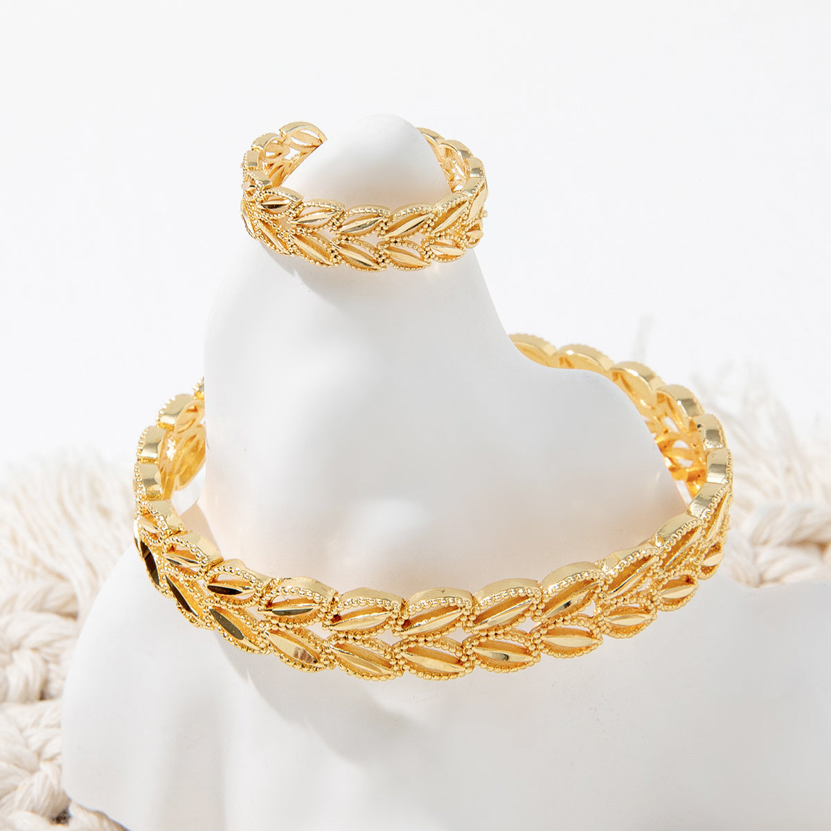 18k Gold Plated Wheat Ear Leaves Opening Bracelet Ring Set