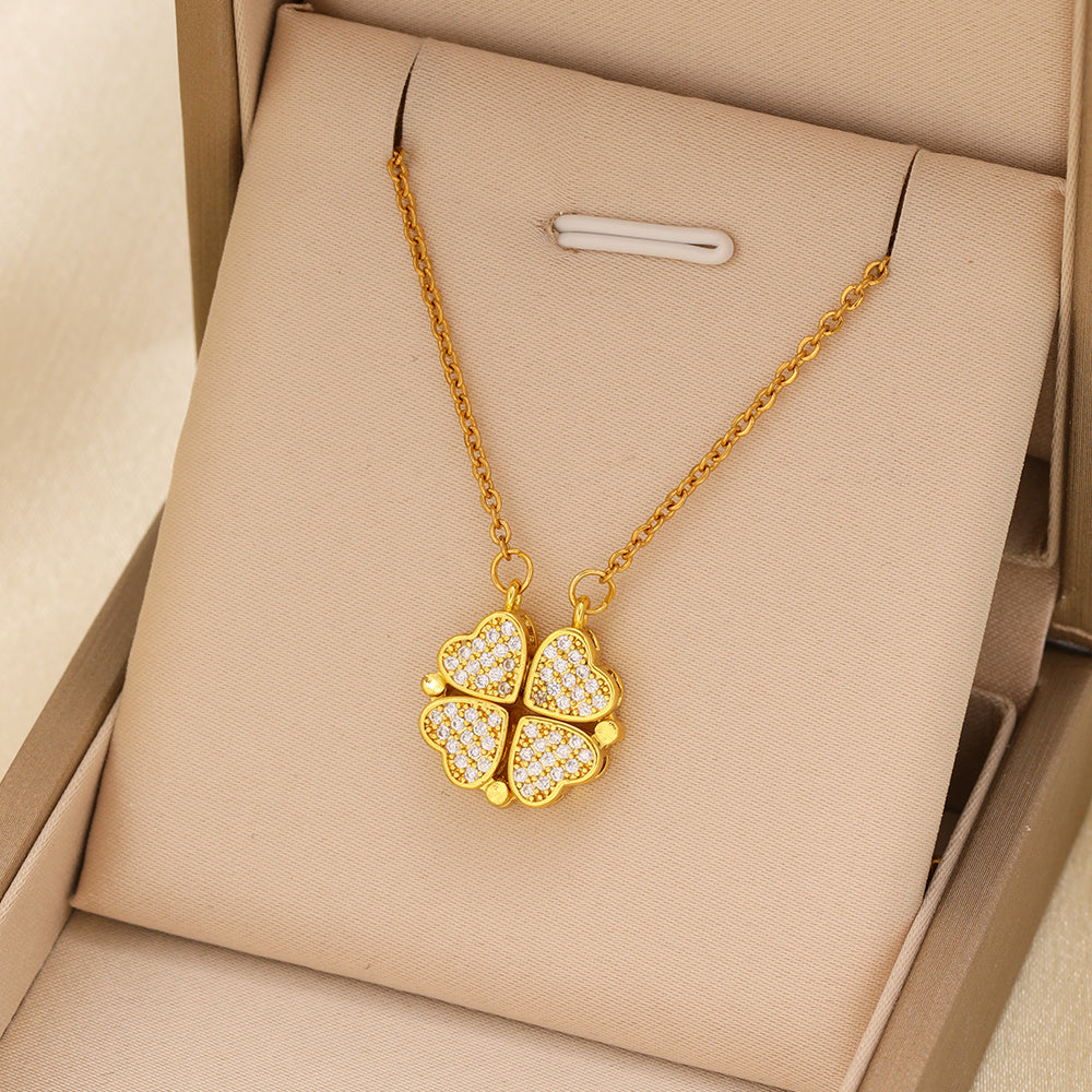 Heart-shaped Necklace With A Magnetic Folding Four Leaf Heart-shaped Connection, Suitable For Women's Daily Wear And Jewelry Pairing For Dinner Parties