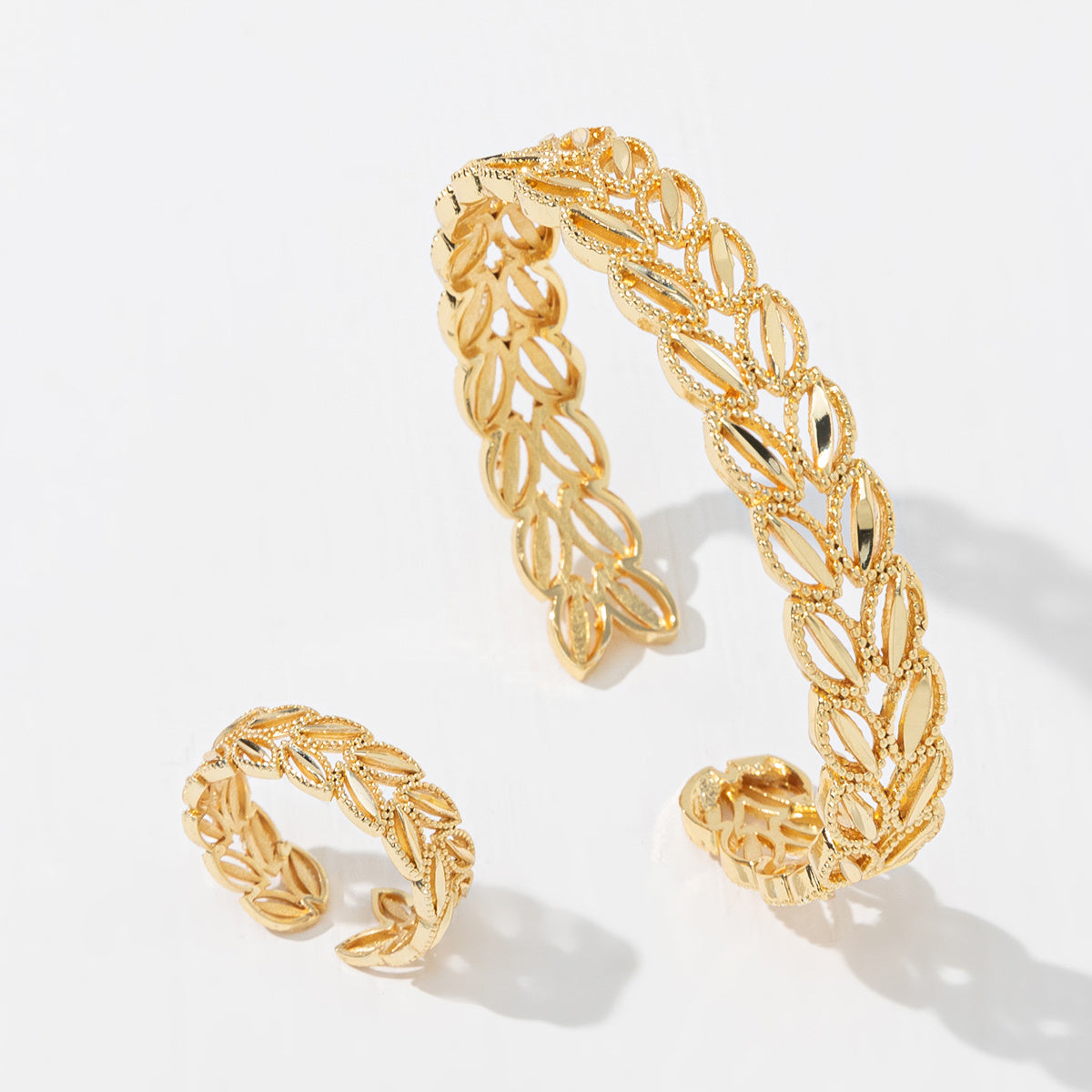 18k Gold Plated Wheat Ear Leaves Opening Bracelet Ring Set