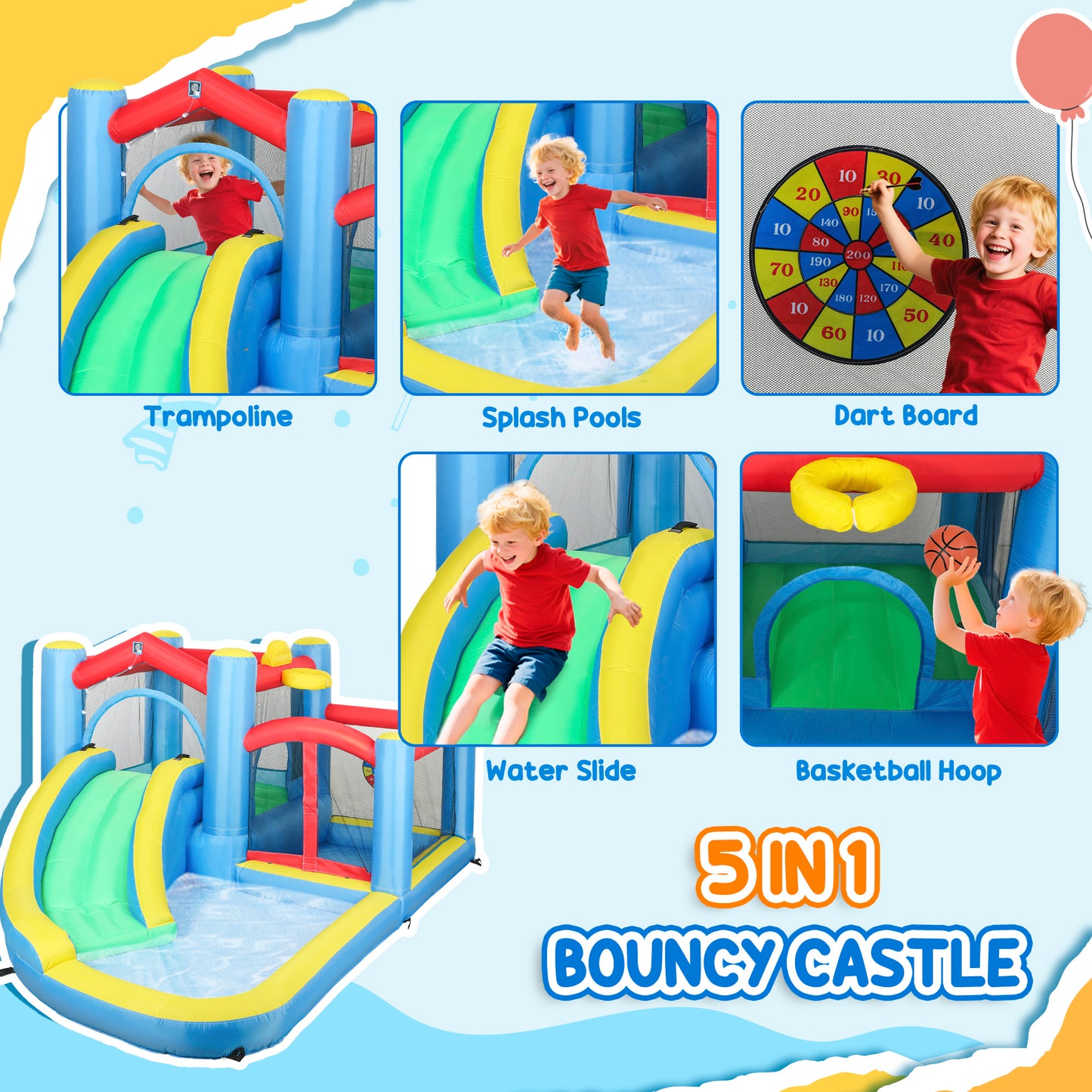 Inflatable Water Slide Bounce House w/ 550W Blower, Large Trampoline, Splash Pool, Basketball Hoop, Dart Board
