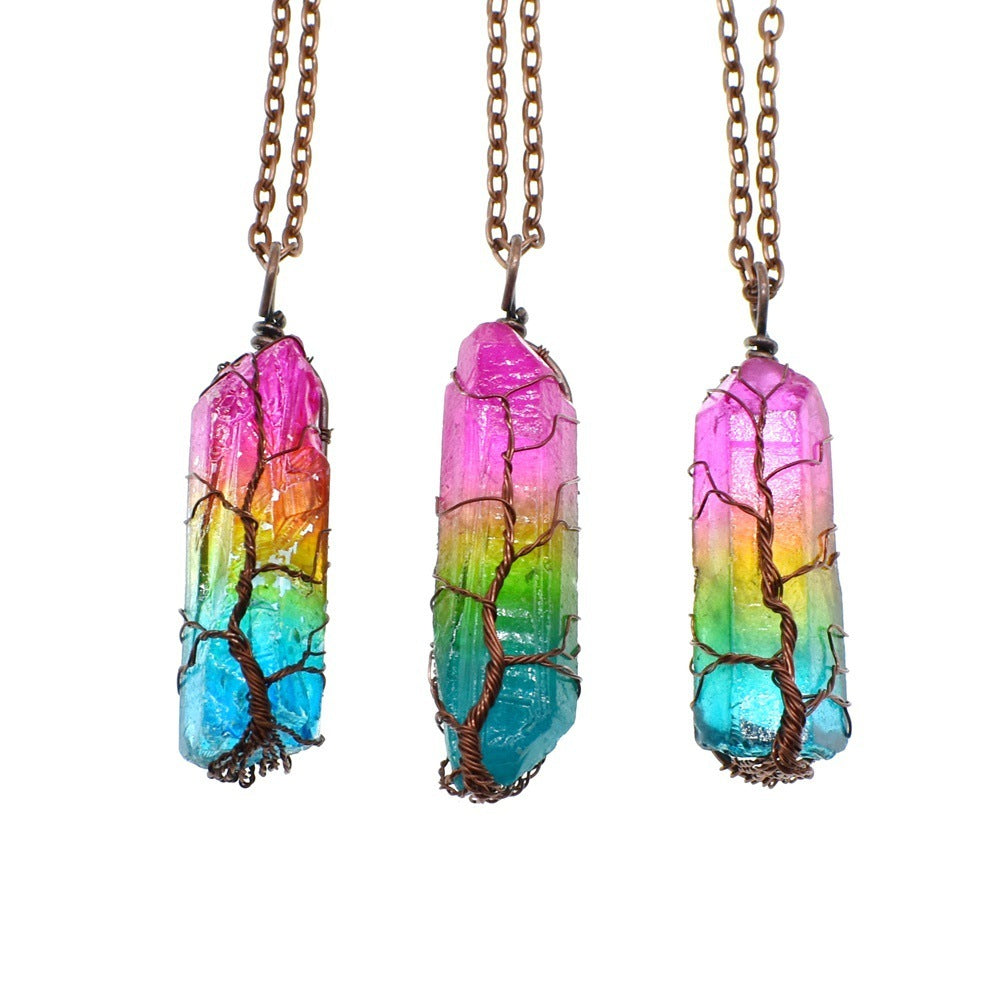 Stone Crystal Pillar Tree Of Life Pendant Necklace