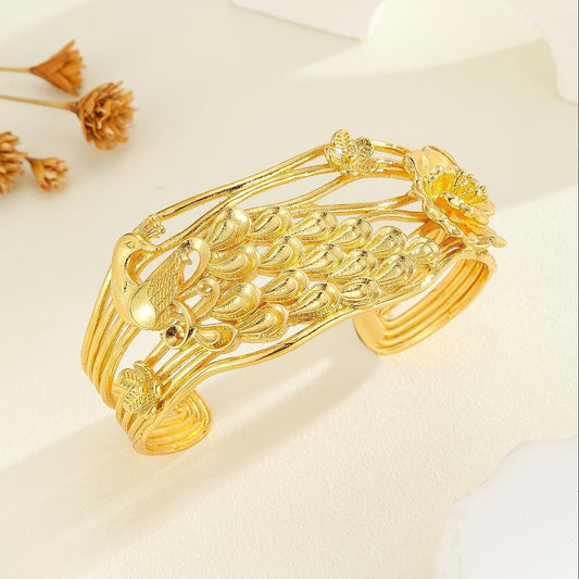 Gold Bracelet, Exquisite Peacock, Flower Patterned Bracelet