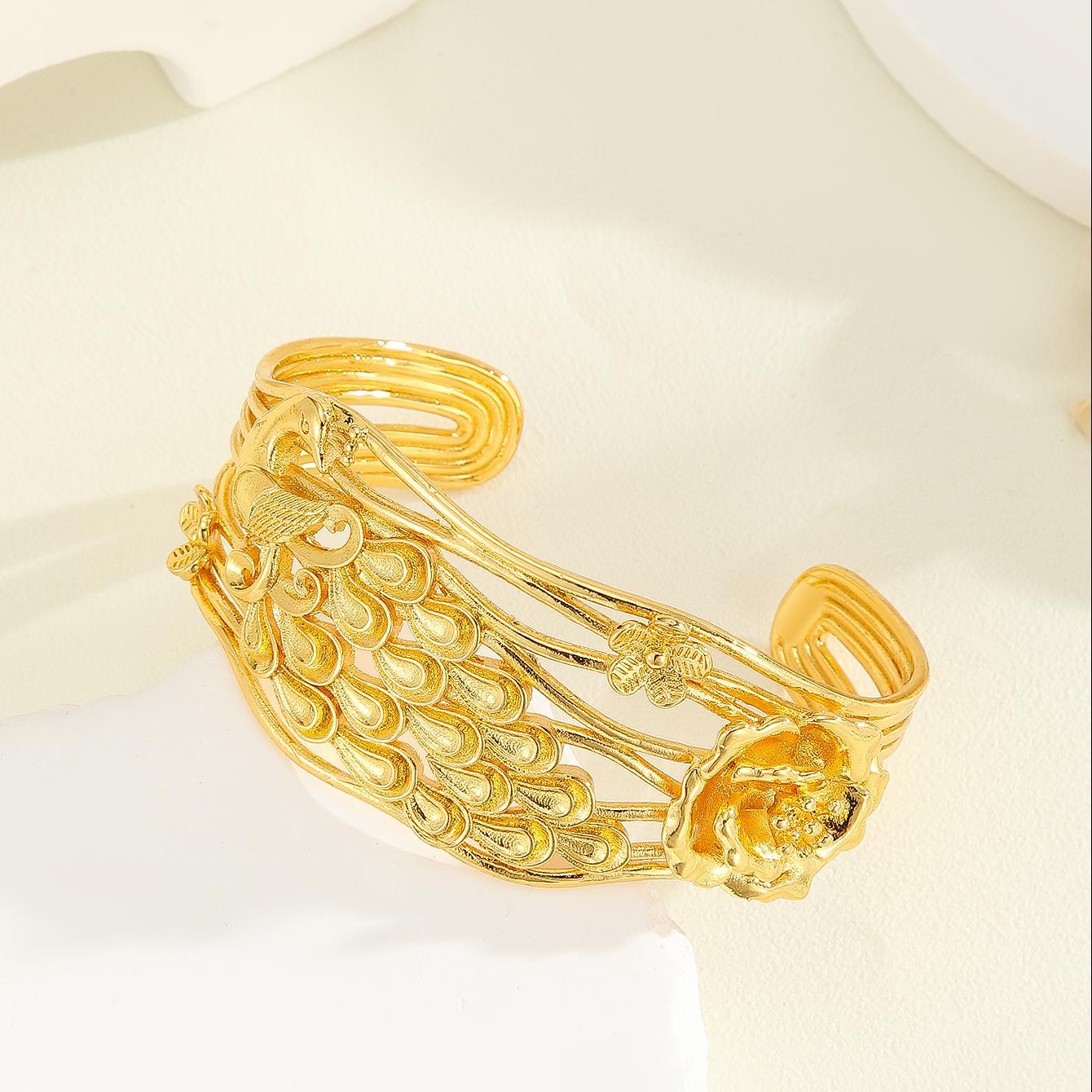 Gold Bracelet, Exquisite Peacock, Flower Patterned Bracelet
