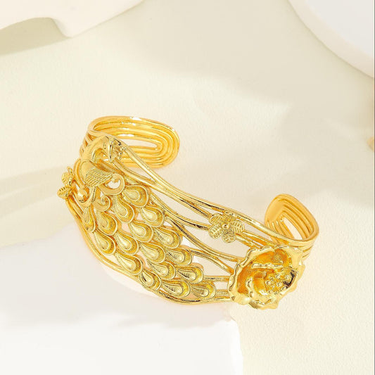 Gold Bracelet, Exquisite Peacock, Flower Patterned Bracelet
