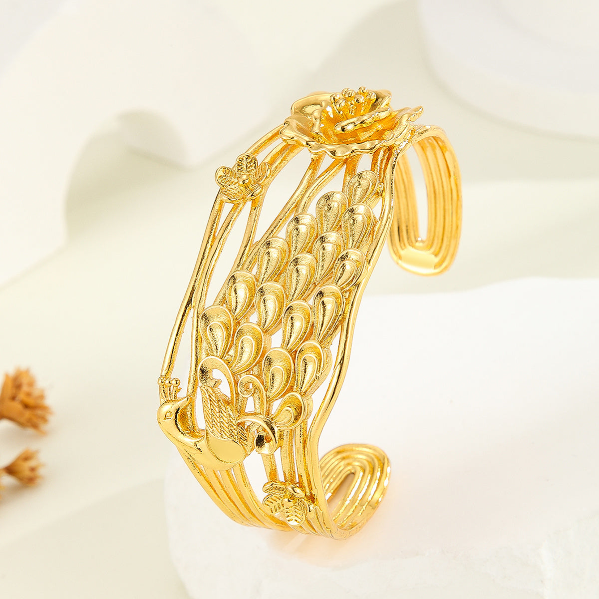 Gold Bracelet, Exquisite Peacock, Flower Patterned Bracelet