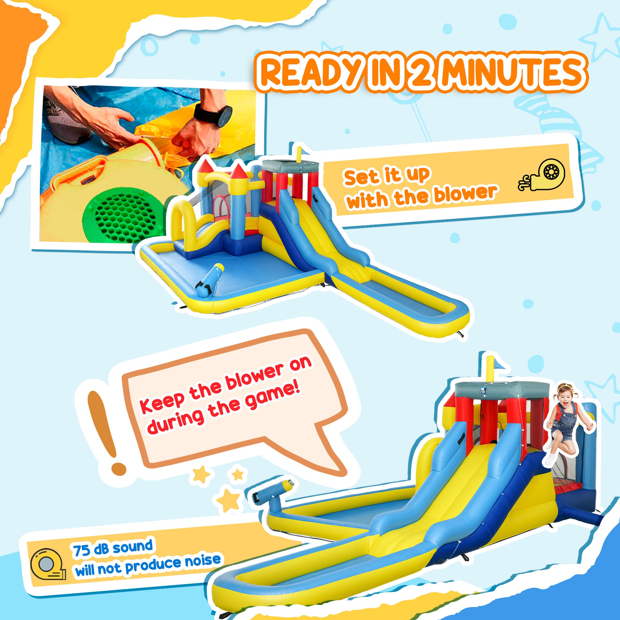 6 In 1 Inflatable Water Slide Park With Splash Pools, 2 Slides, Trampoline, Climbing Wall, Cannon, Basketball Hoop