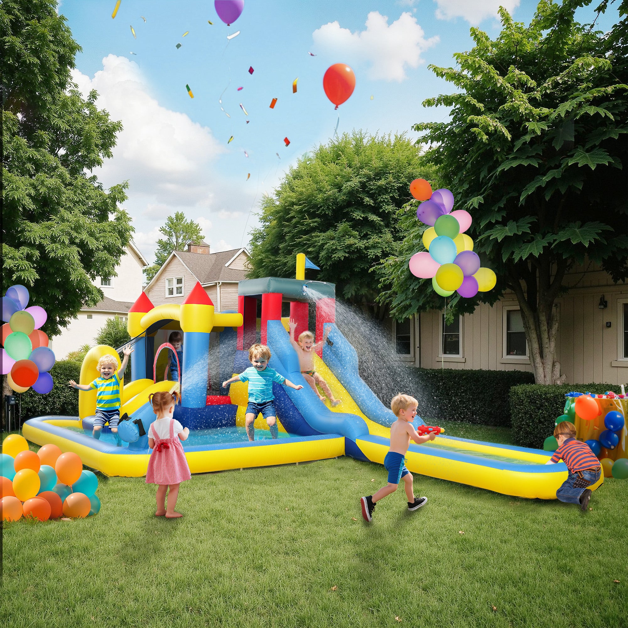 6 In 1 Inflatable Water Slide Park With Splash Pools, 2 Slides, Trampoline, Climbing Wall, Cannon, Basketball Hoop