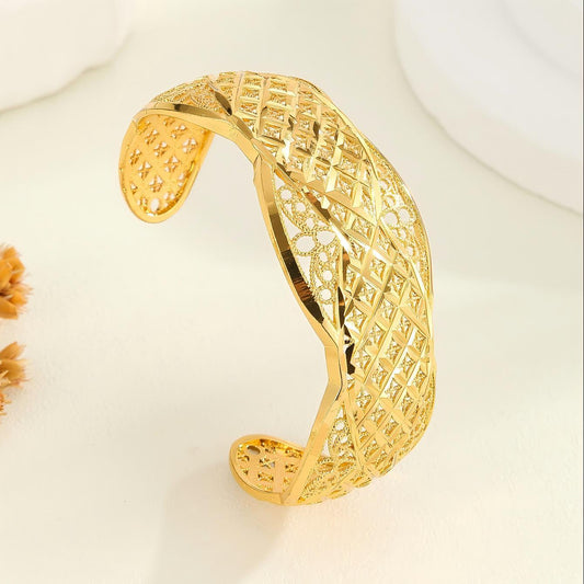 Plated 18K Gold Diamond Pattern Bracelet, Fried Dough Twists Rope Open Bracelet