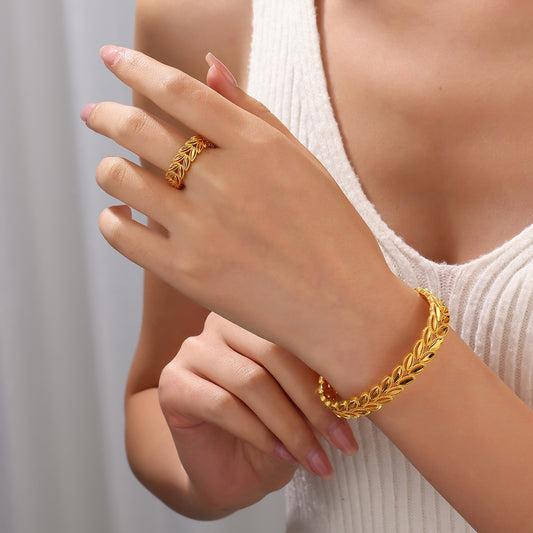 18k Gold Plated Wheat Ear Leaves Opening Bracelet Ring Set
