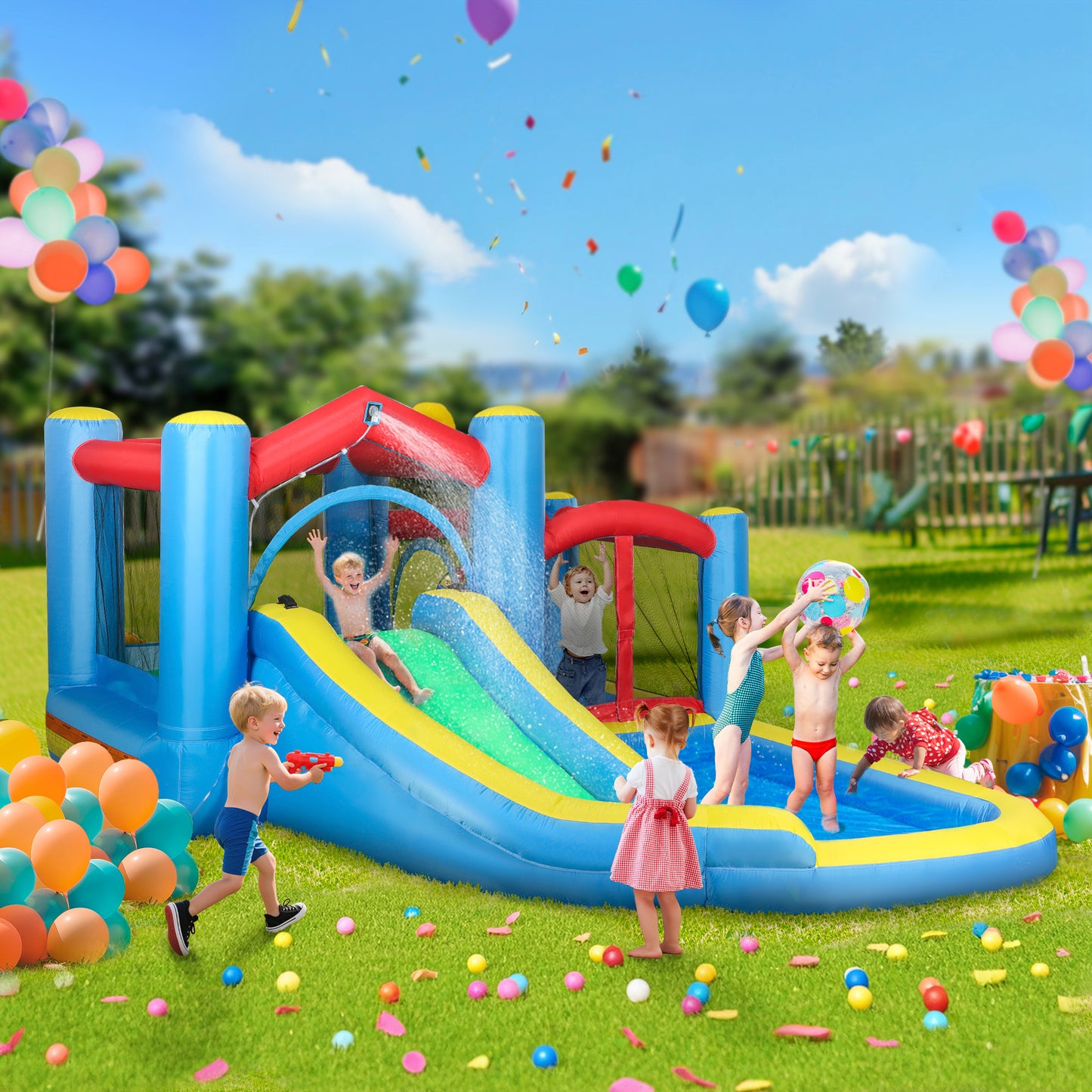 Inflatable Water Slide Bounce House w/ 550W Blower, Large Trampoline, Splash Pool, Basketball Hoop, Dart Board