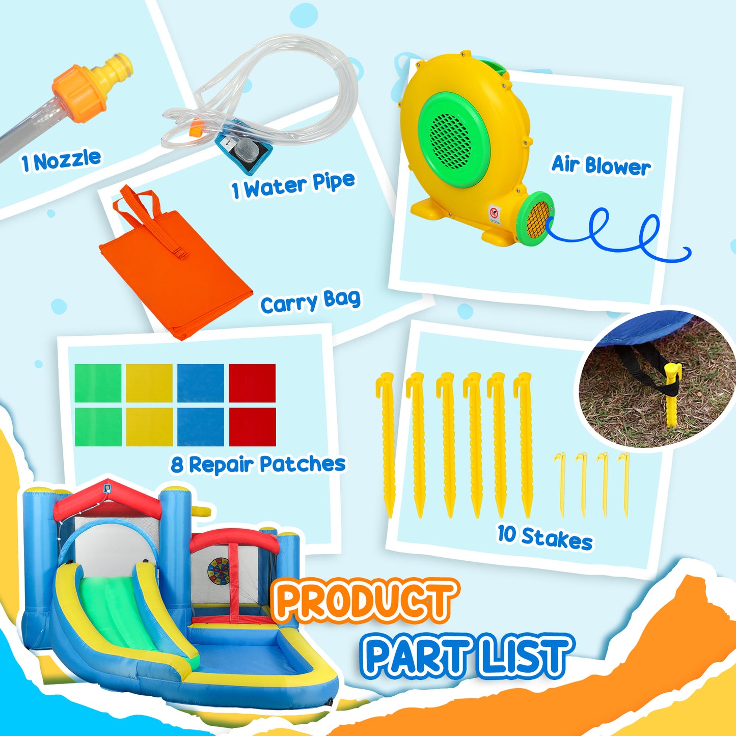 Inflatable Water Slide Bounce House w/ 550W Blower, Large Trampoline, Splash Pool, Basketball Hoop, Dart Board