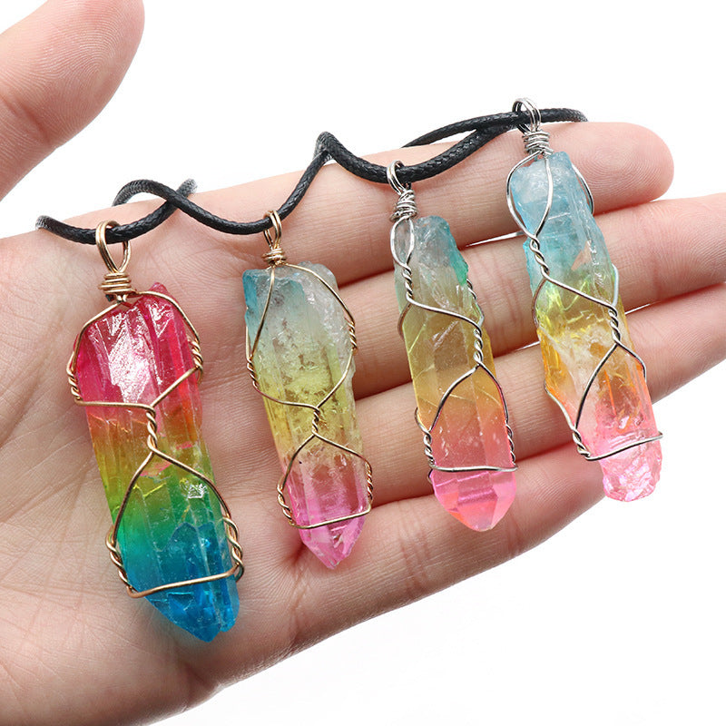 Stone Crystal Pillar Tree Of Life Pendant Necklace