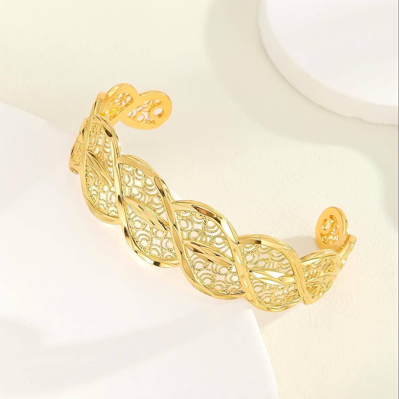 Plated 18K Gold Diamond Pattern Bracelet, Fried Dough Twists Rope Open Bracelet