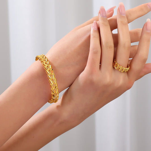18k Gold Plated Wheat Ear Leaves Opening Bracelet Ring Set