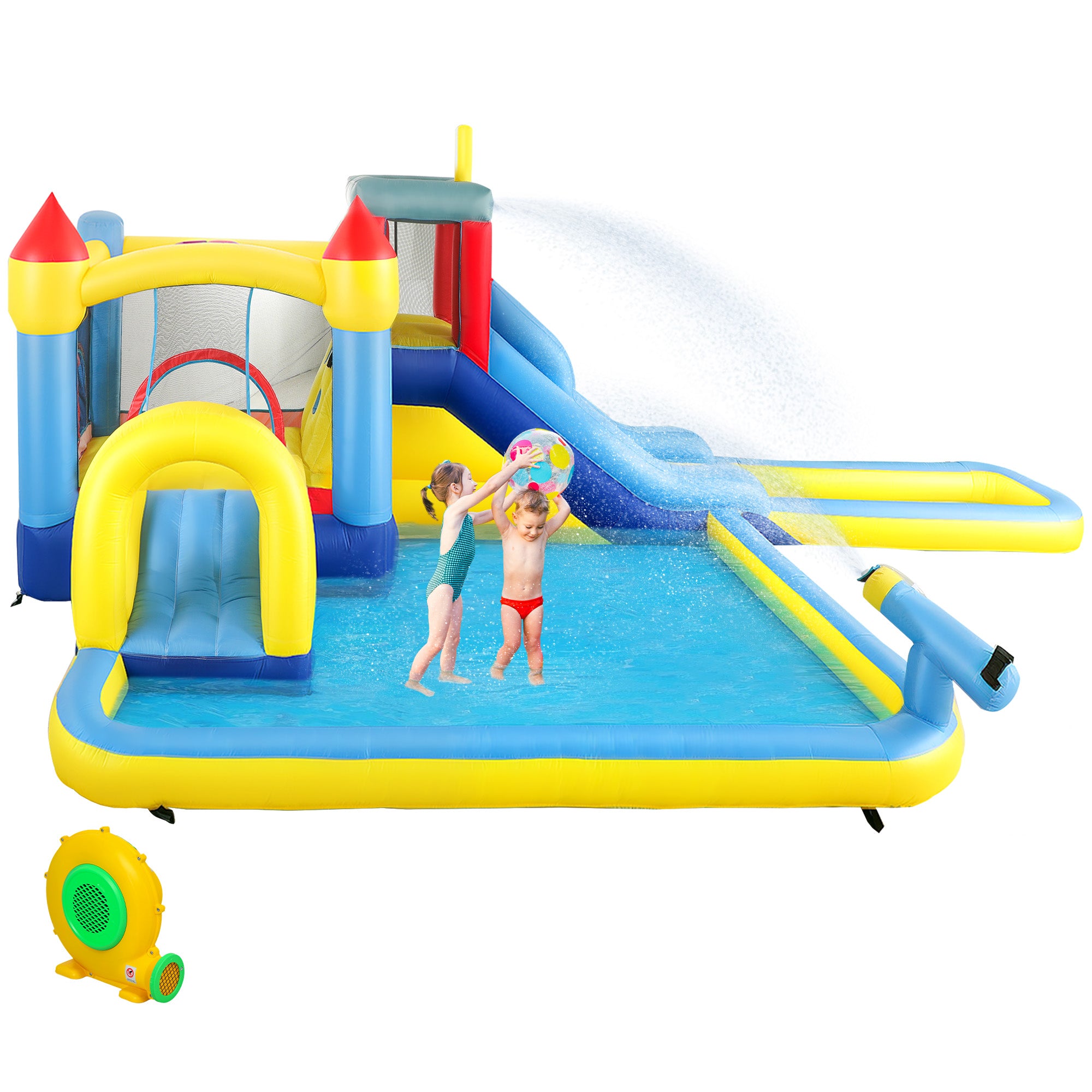 6 In 1 Inflatable Water Slide Park With Splash Pools, 2 Slides, Trampoline, Climbing Wall, Cannon, Basketball Hoop