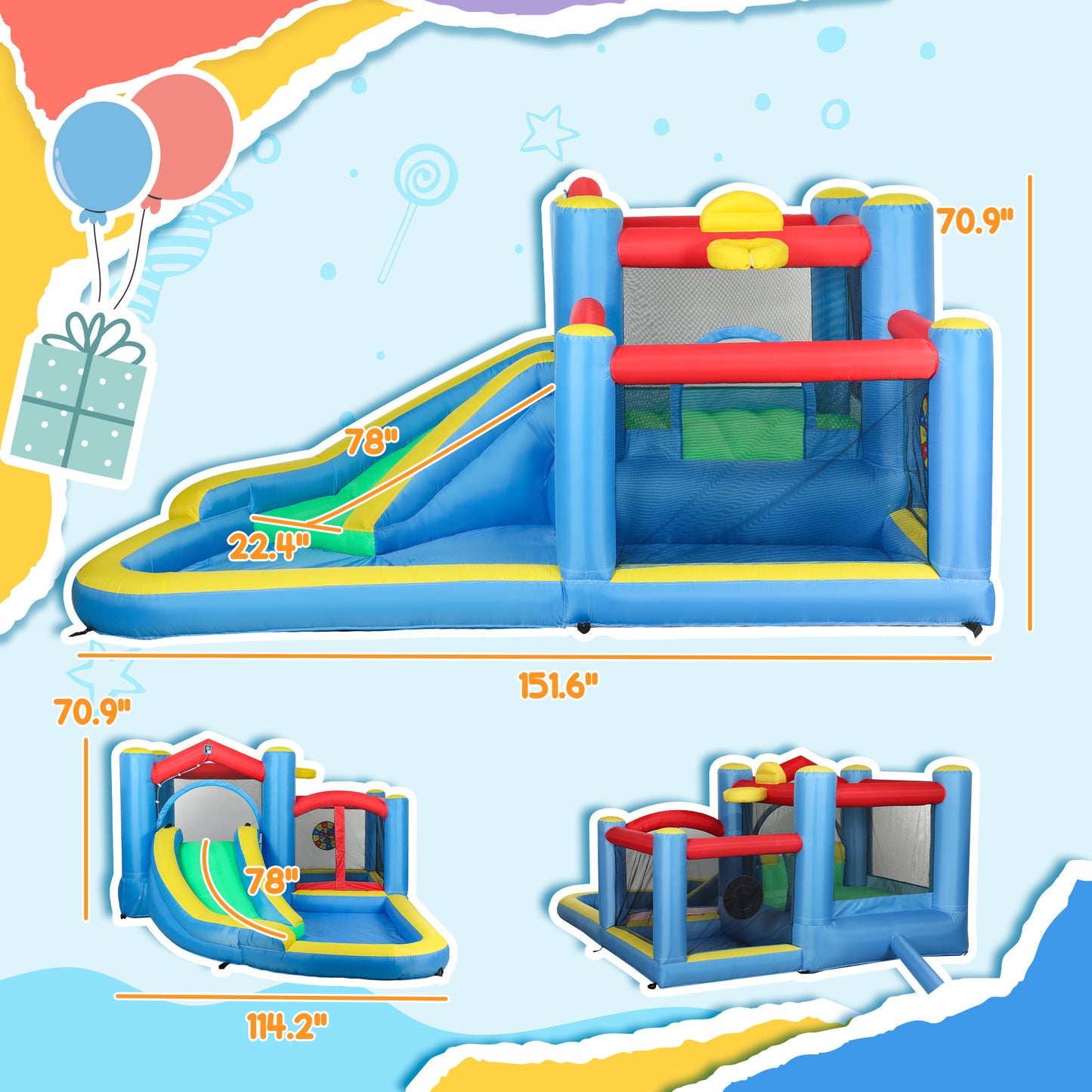 Inflatable Water Slide Bounce House w/ 550W Blower, Large Trampoline, Splash Pool, Basketball Hoop, Dart Board