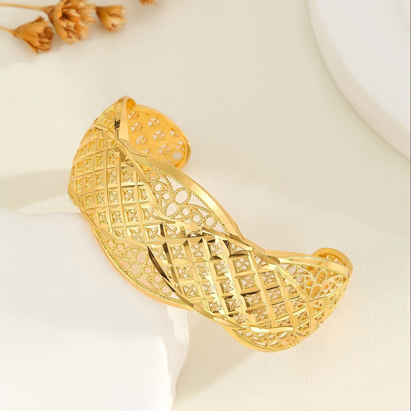 Plated 18K Gold Diamond Pattern Bracelet, Fried Dough Twists Rope Open Bracelet