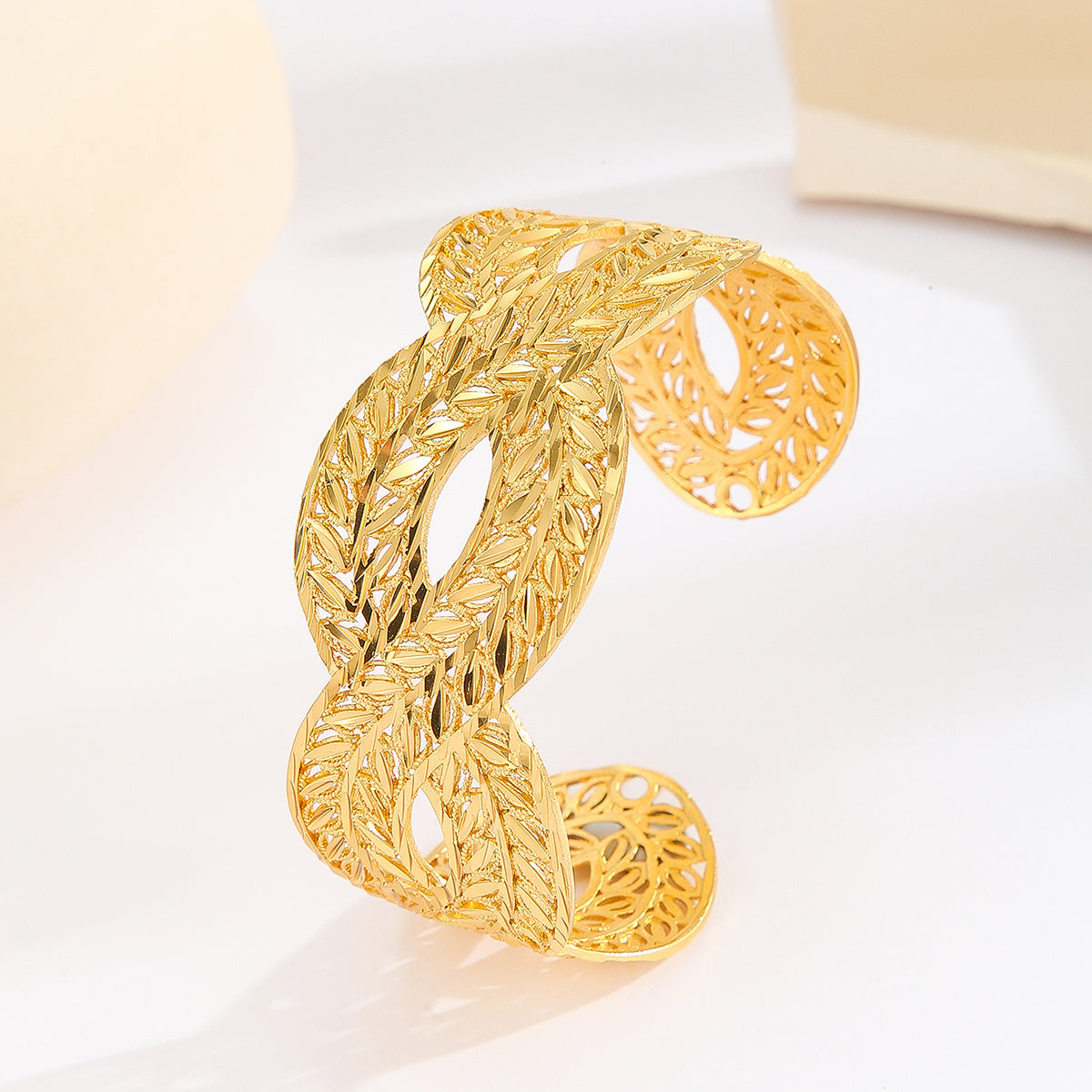 Plated 18K Gold Diamond Pattern Bracelet, Fried Dough Twists Rope Open Bracelet