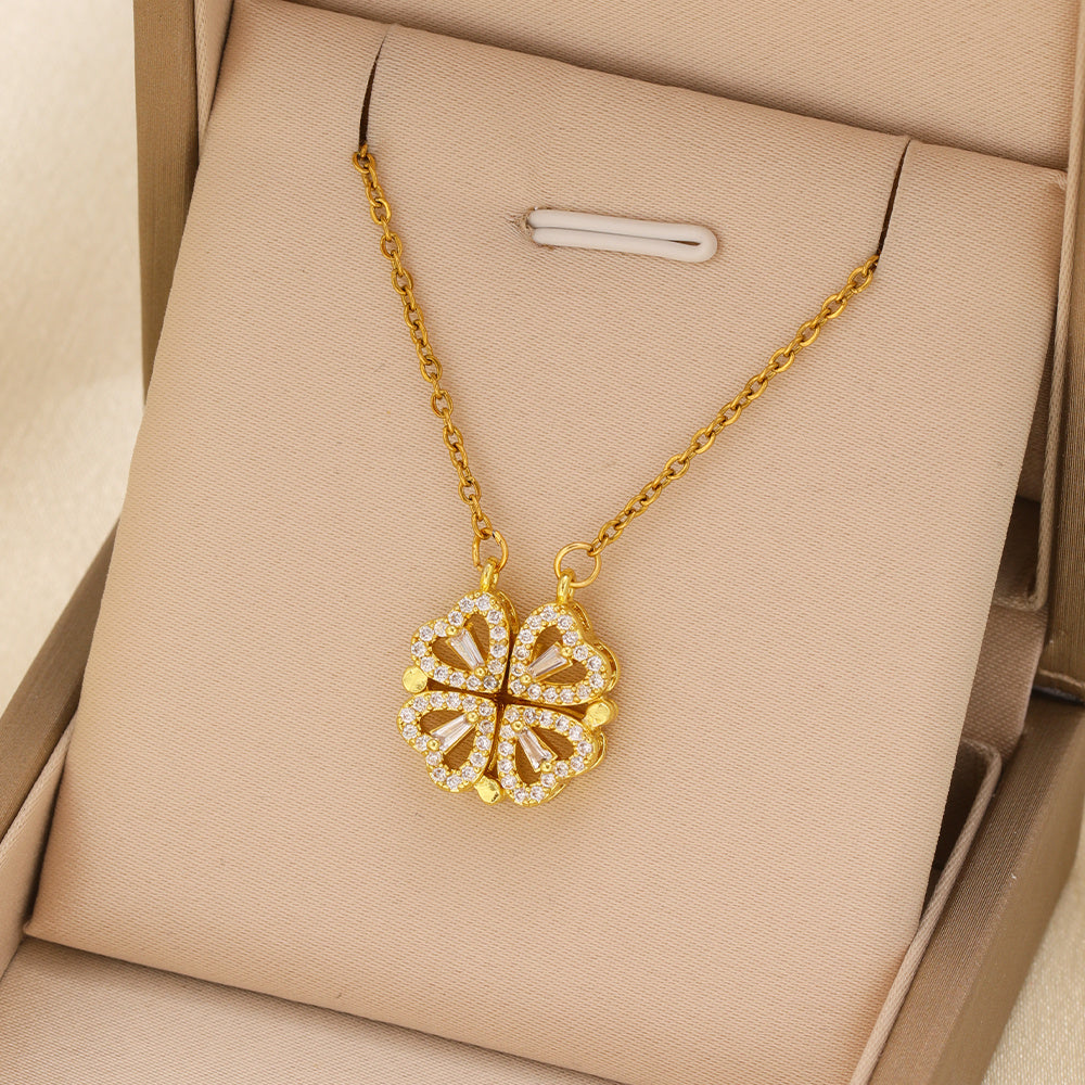 Heart-shaped Necklace With A Magnetic Folding Four Leaf Heart-shaped Connection, Suitable For Women's Daily Wear And Jewelry Pairing For Dinner Parties