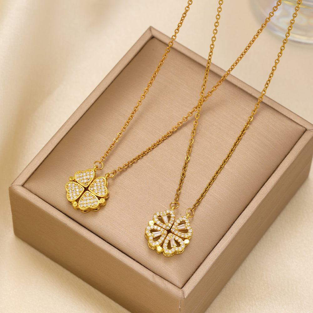 Heart-shaped Necklace With A Magnetic Folding Four Leaf Heart-shaped Connection, Suitable For Women's Daily Wear And Jewelry Pairing For Dinner Parties