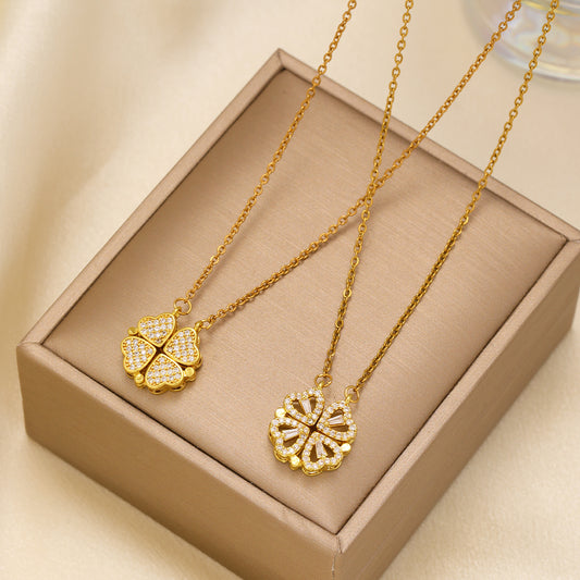 Heart-shaped Necklace With A Magnetic Folding Four Leaf Heart-shaped Connection, Suitable For Women's Daily Wear And Jewelry Pairing For Dinner Parties
