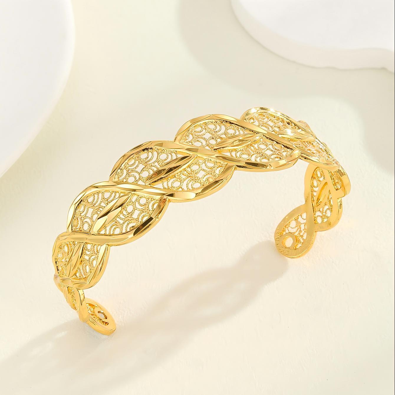 Plated 18K Gold Diamond Pattern Bracelet, Fried Dough Twists Rope Open Bracelet