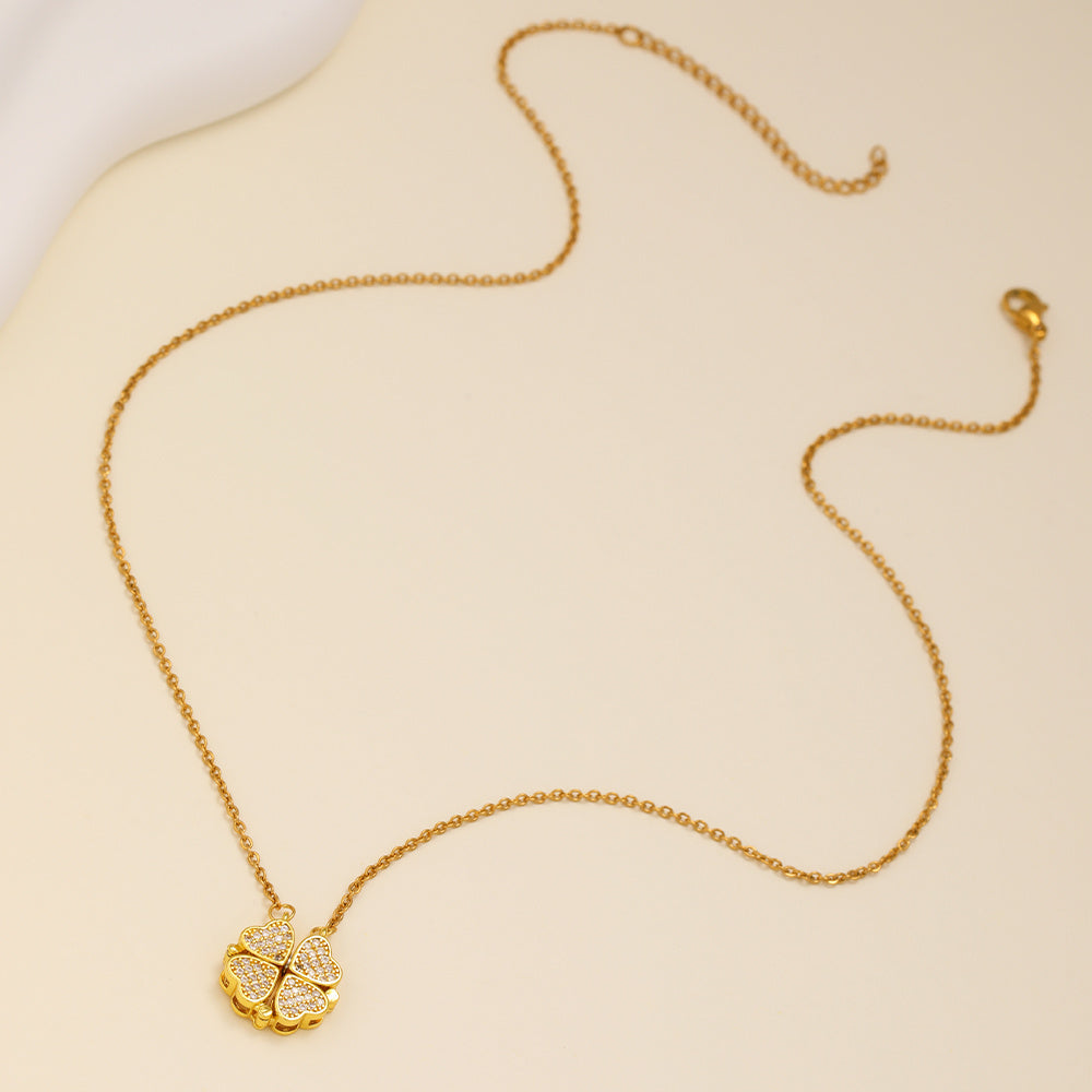 Heart-shaped Necklace With A Magnetic Folding Four Leaf Heart-shaped Connection, Suitable For Women's Daily Wear And Jewelry Pairing For Dinner Parties
