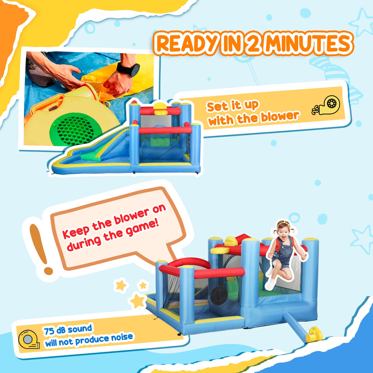 Inflatable Water Slide Bounce House w/ 550W Blower, Large Trampoline, Splash Pool, Basketball Hoop, Dart Board