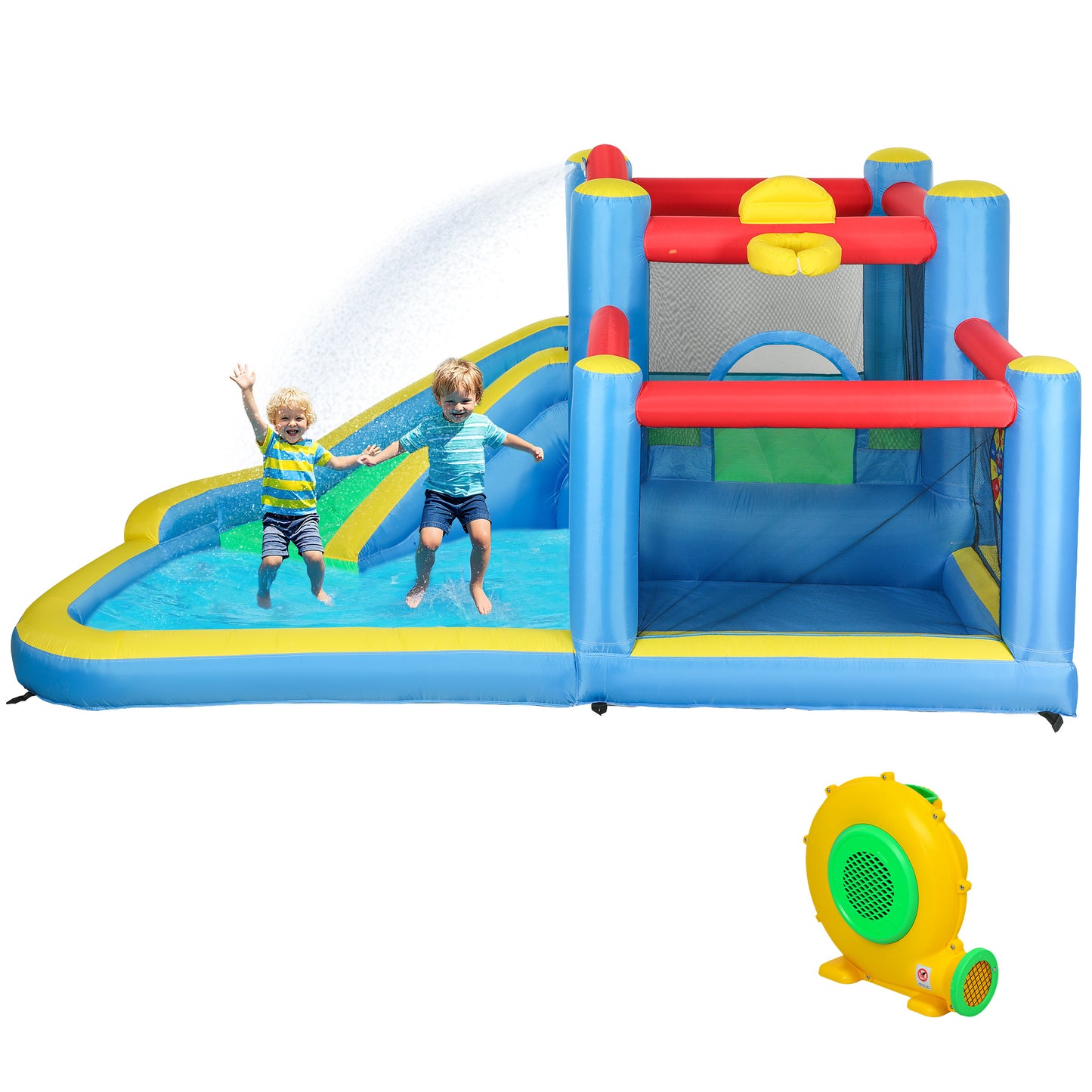 Inflatable Water Slide Bounce House w/ 550W Blower, Large Trampoline, Splash Pool, Basketball Hoop, Dart Board
