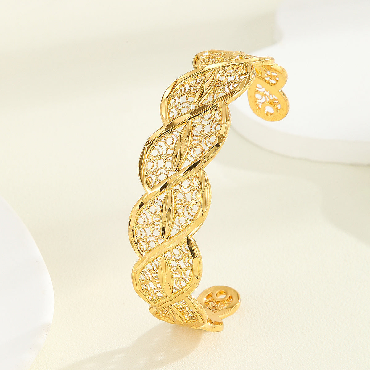 Plated 18K Gold Diamond Pattern Bracelet, Fried Dough Twists Rope Open Bracelet
