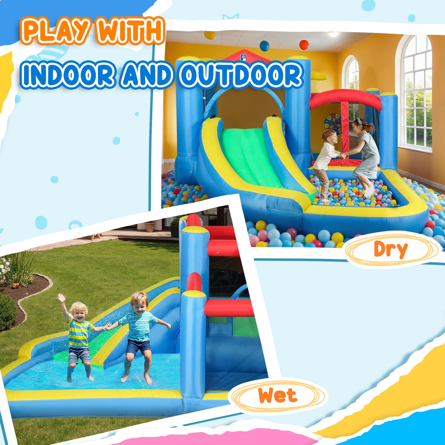 Inflatable Water Slide Bounce House w/ 550W Blower, Large Trampoline, Splash Pool, Basketball Hoop, Dart Board