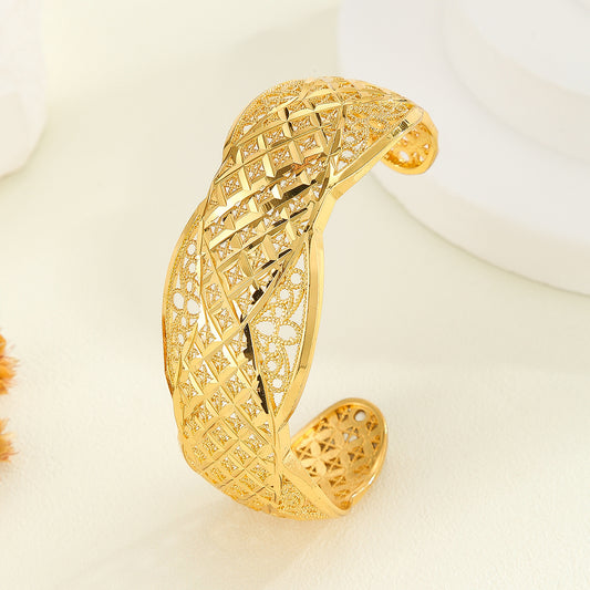 Plated 18K Gold Diamond Pattern Bracelet, Fried Dough Twists Rope Open Bracelet